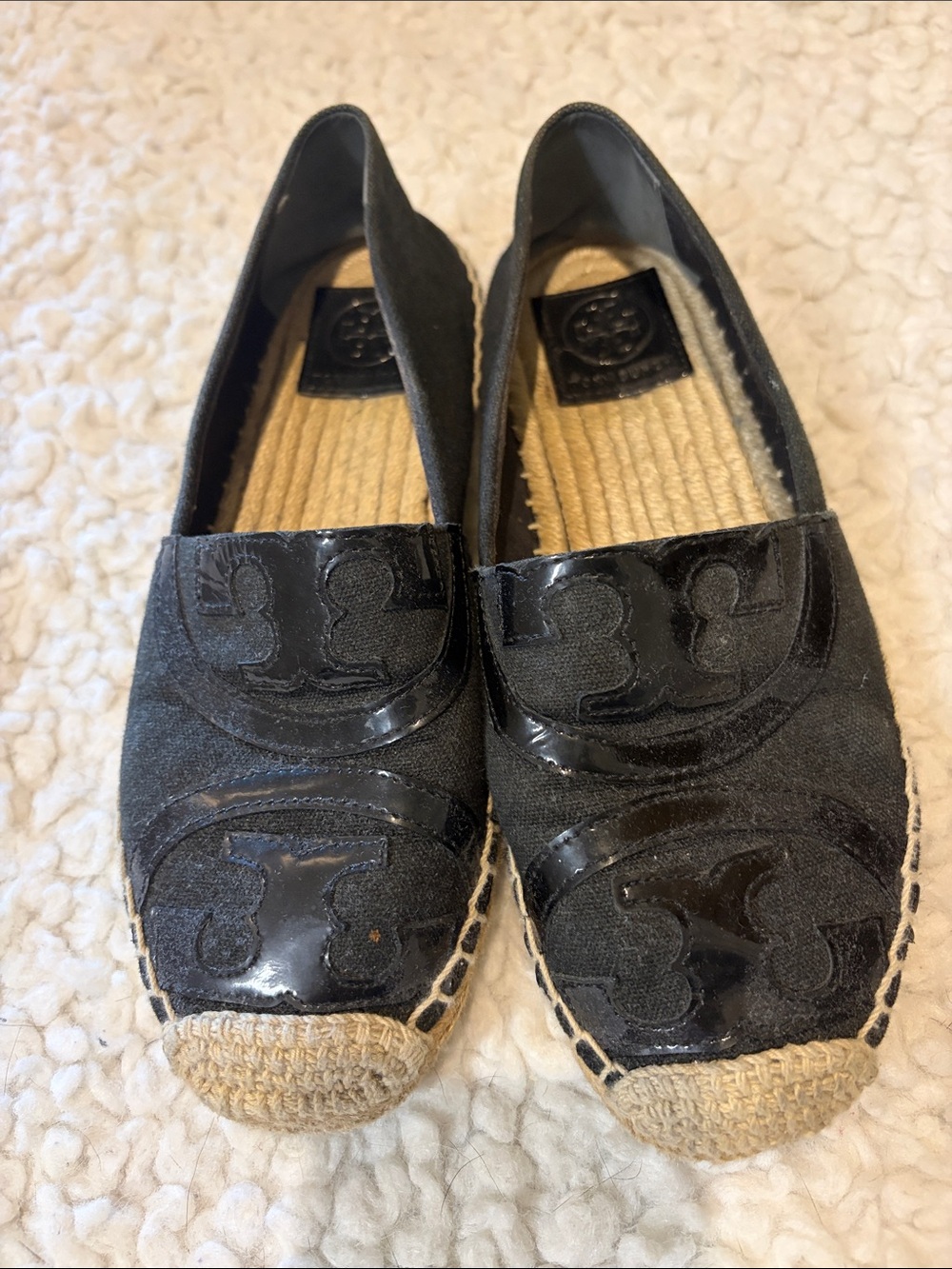 Tory Burch Black Espadrille Slip-Ons with Patent Logo. Gently worn.